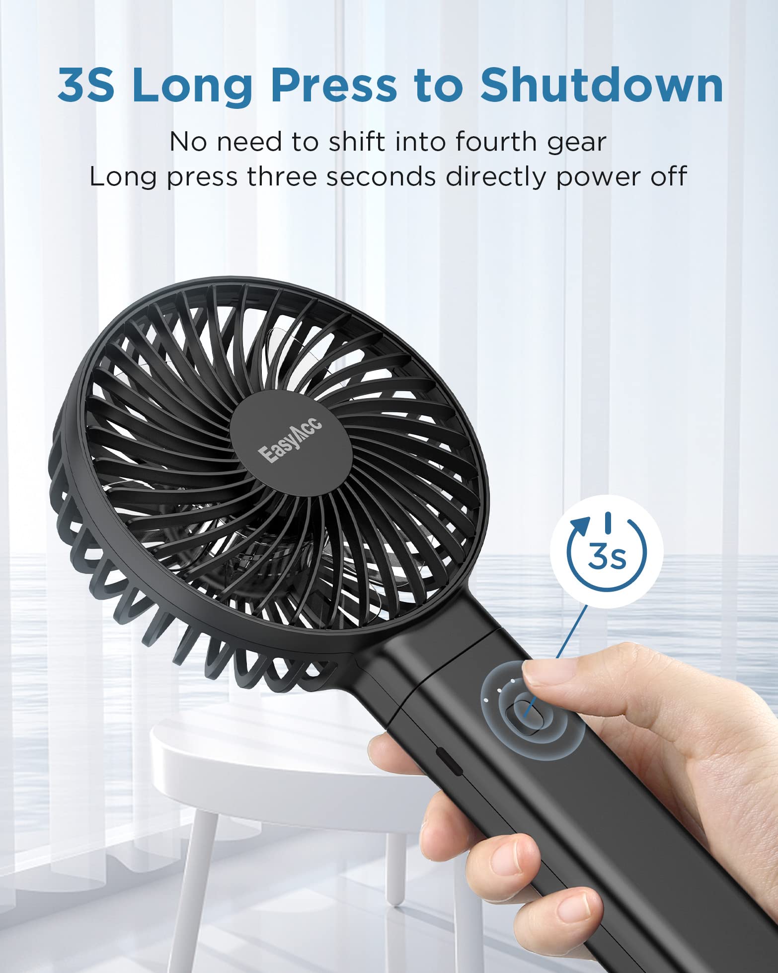 EasyAcc Handheld Fan, 2024 Newly Powerful Quiet Portable Fan Small Desk Fan [ 4 Speed/Battery Indicator/Easy Clean] 17H Battery Operated Fan One Touch Power Off Personal Fan for Travel Outdoor