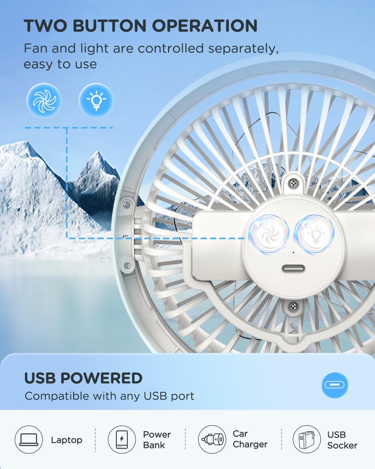 EasyAcc Cordless Small Desk Fan Quiet, Silent Desk Fan Rechargeable With LED Light, Strong Airflow Portable Fan, 360°Rotatable Personal Fan Travel Fan for Desk Home Bedroom Office