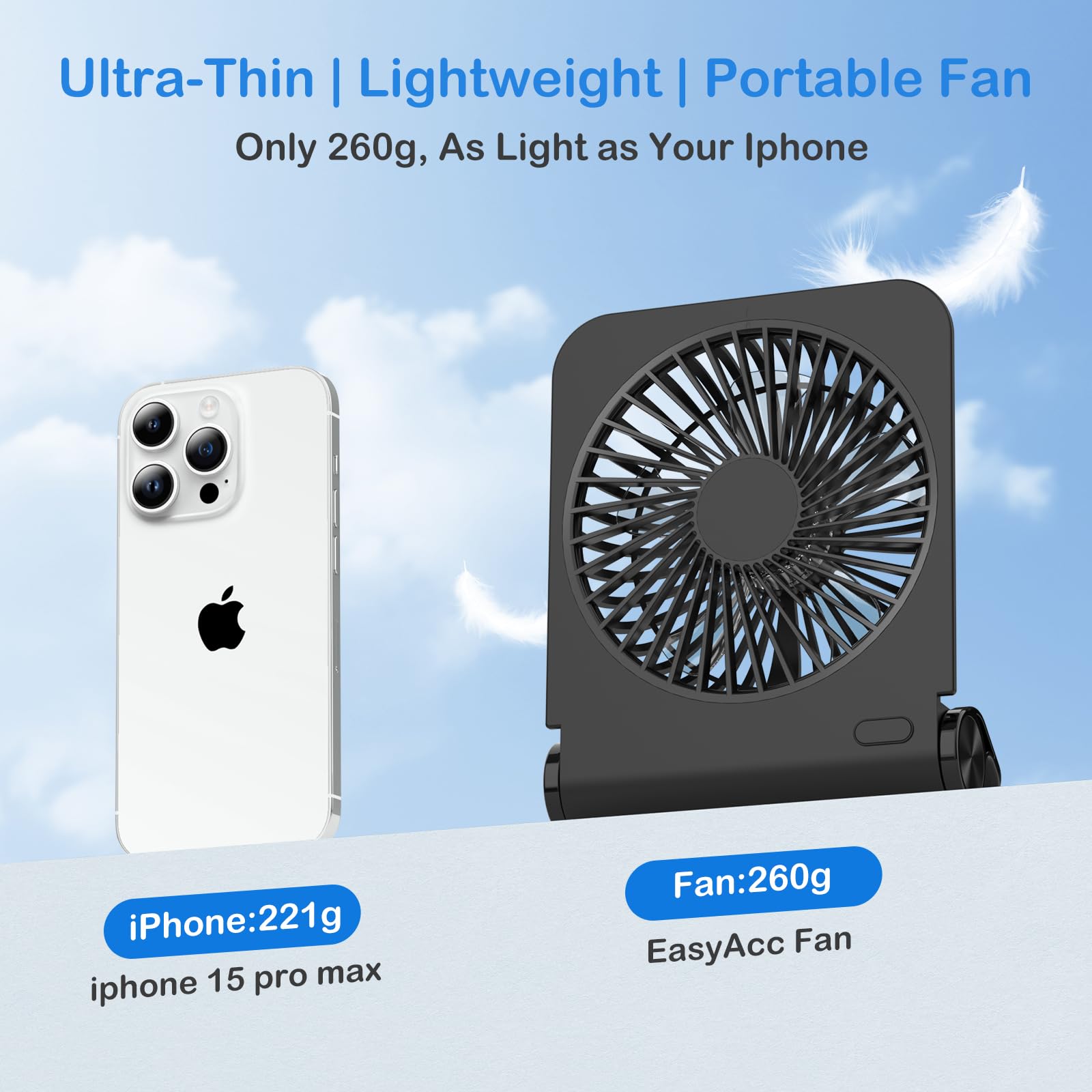 EasyAcc Small Powerful Desk Fan, 2000 Rechargeable Battery Powered Fan - Fully Foldable, Strong Wind, 4 Speeds - USB C Fan for Home, Travel, Cruise, Sporting Events, Hot Flashes - Gifts for Men Women