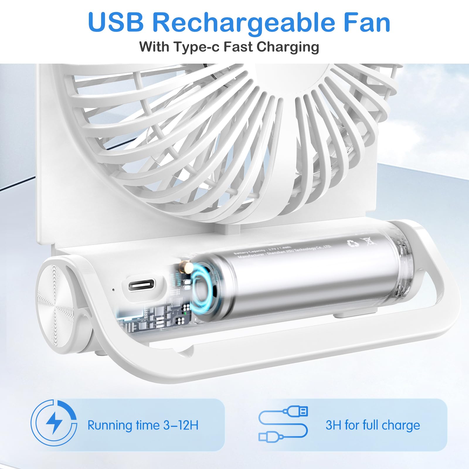 EasyAcc Small Powerful Desk Fan, 2000 Rechargeable Battery Fan - Fuly Foldable, Strong Wind, 4 Speeds - USB C Fan for Home, Travel, Cruise, Sporting Events, Hot Flashes - Ideal Gift for Men Women