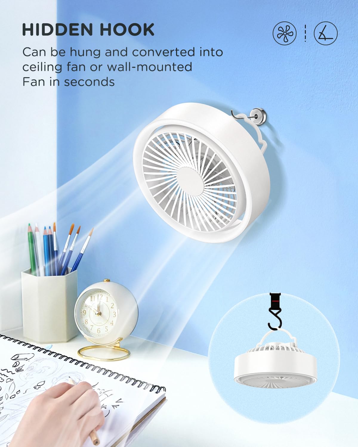 EasyAcc Cordless Small Desk Fan Quiet, Silent Desk Fan Rechargeable With LED Light, Strong Airflow Portable Fan, 360°Rotatable Personal Fan Travel Fan for Desk Home Bedroom Office