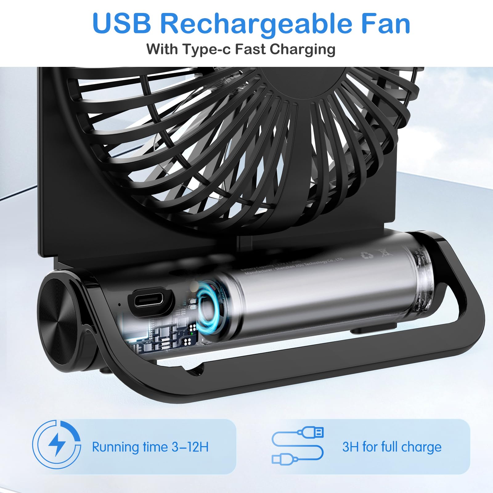 EasyAcc Small Powerful Desk Fan, 2000 Rechargeable Battery Powered Fan - Fully Foldable, Strong Wind, 4 Speeds - USB C Fan for Home, Travel, Cruise, Sporting Events, Hot Flashes - Gifts for Men Women