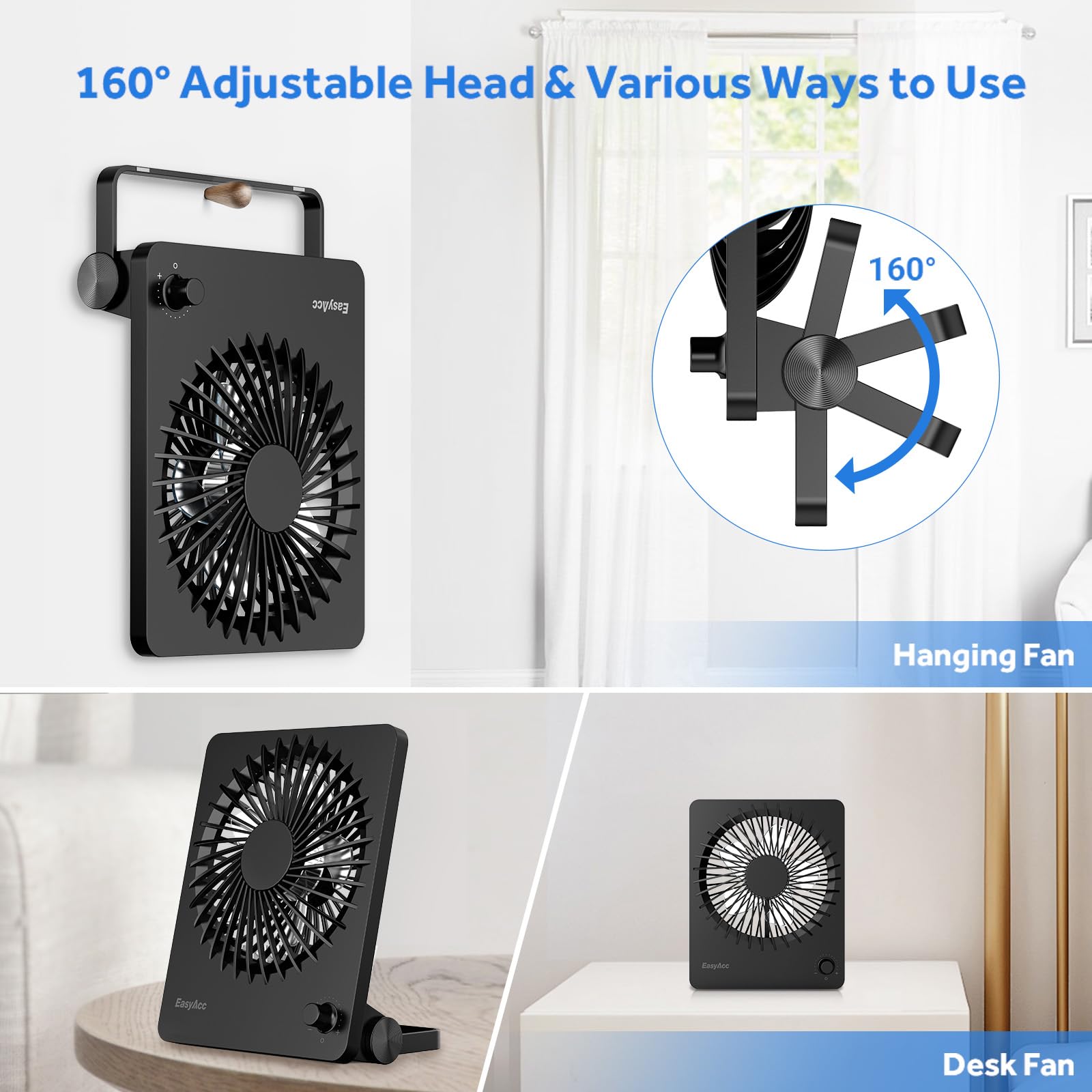 EasyAcc Powerful Desk Fan, 6000 Battery [Max 10-26H Working Time] Rechargeable Portable Personal Travel Fan with Step-less Speed Control, Quiet Fan for Travel Office Home Cruise Sporting Events
