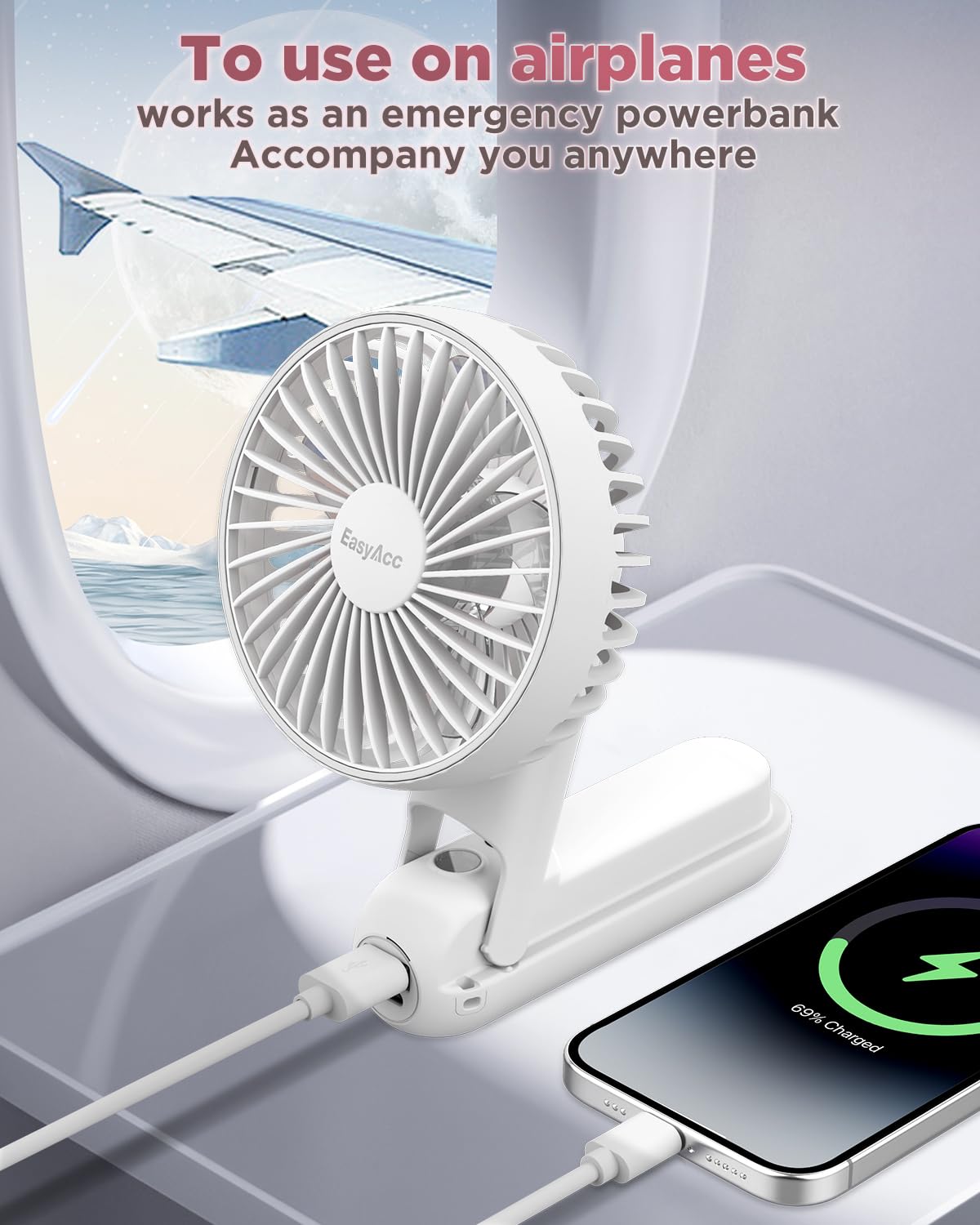 EasyAcc Portable HandHeld Fan, 5000mAh 32H Rechargable Personal Fan, 5 Speed Powerful & Ultra Quiet USB C Small Desk Fan, 180° Foldable Cooling Fan&PowerBank for Office Home Travel