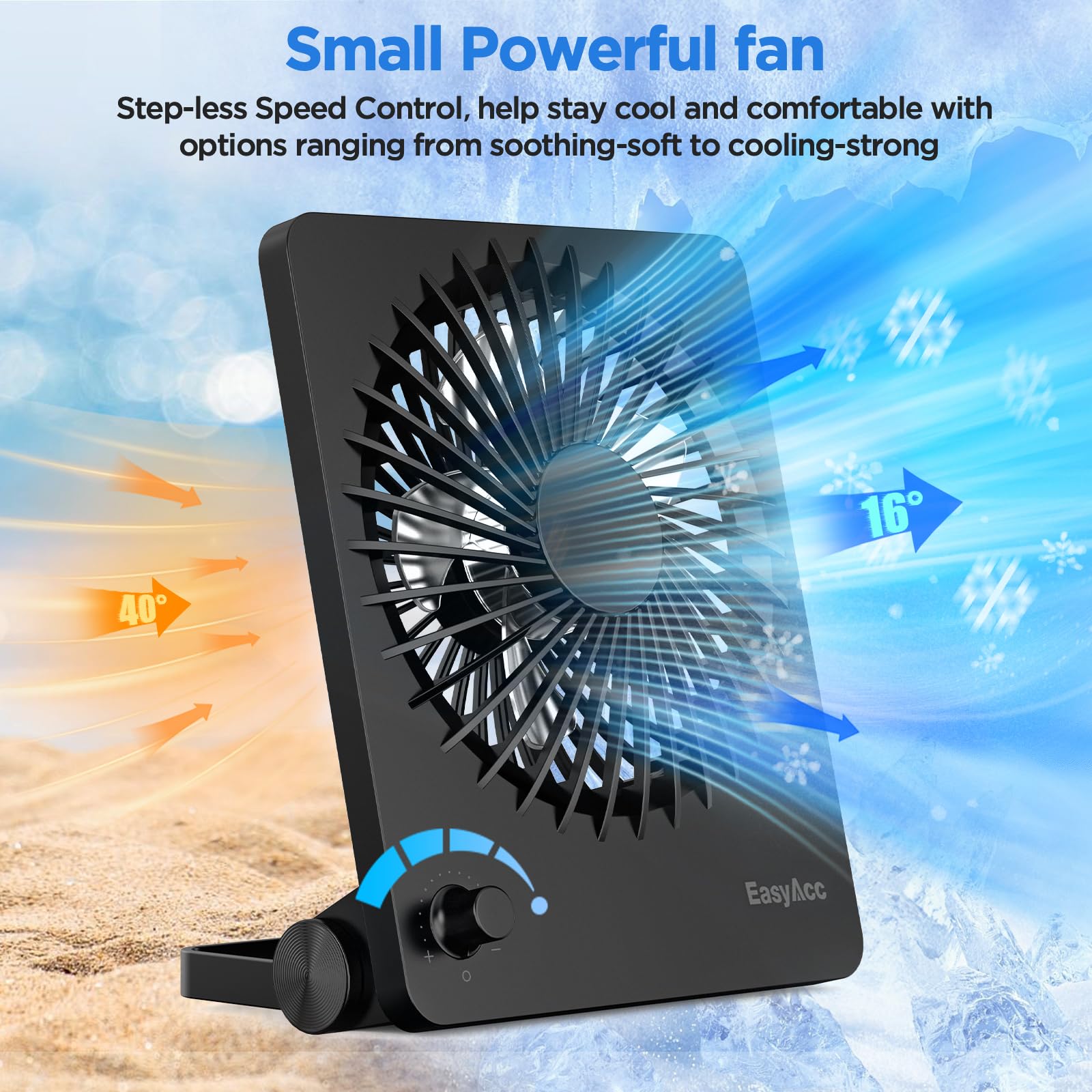 EasyAcc Powerful Desk Fan, 6000 Battery [Max 10-26H Working Time] Rechargeable Portable Personal Travel Fan with Step-less Speed Control, Quiet Fan for Travel Office Home Cruise Sporting Events