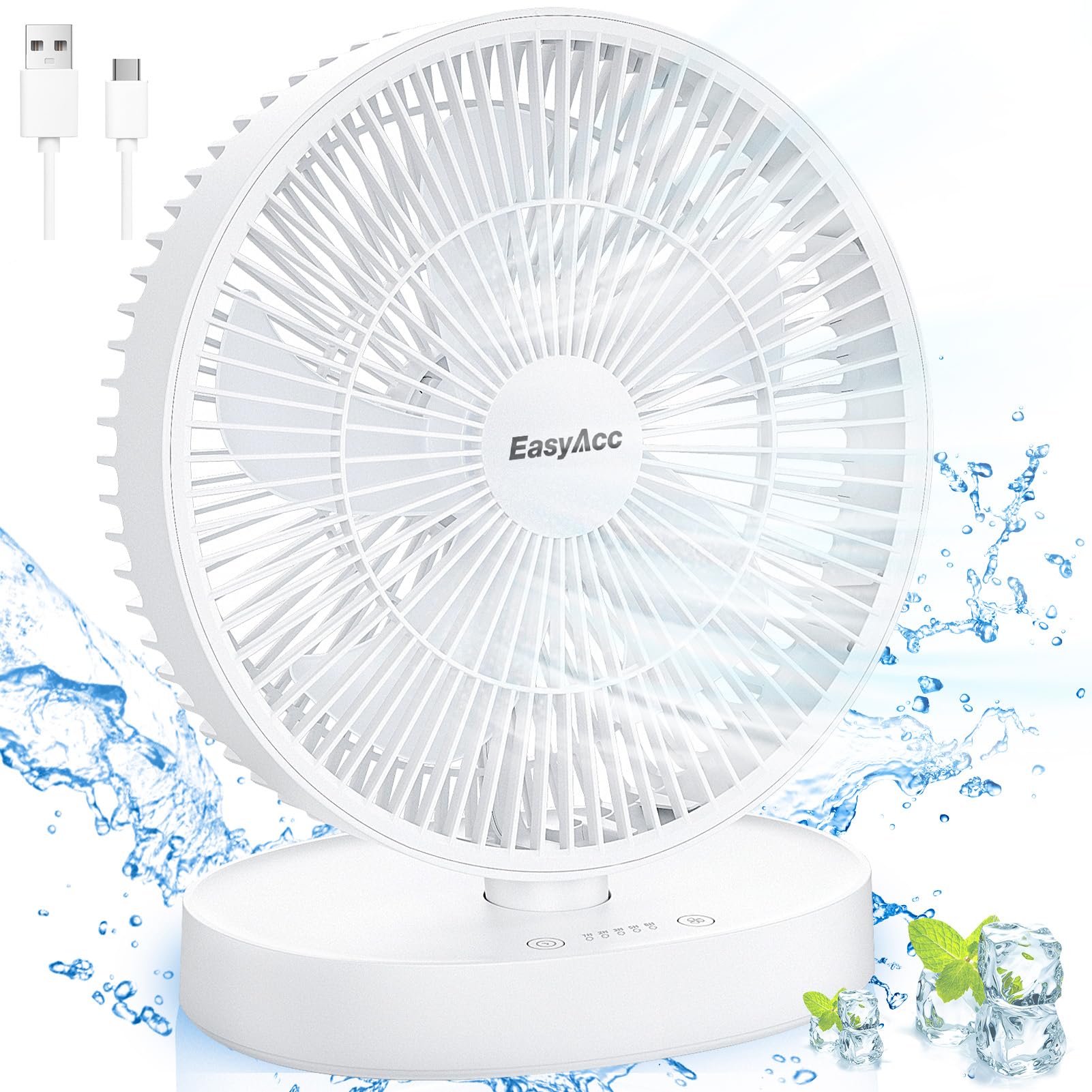 EasyAcc 11-Zoll-Tischventilator, USB-Ventilator, Umluftventilator, ultraleise 24 dB, IP67 wasserdicht, 5 Geschwindigkeiten, Timer, energiesparender Tischventilator, einstellbarer Winkel für Zuhause, Büro, Schlafzimmer und draußen (USB-betrieben)