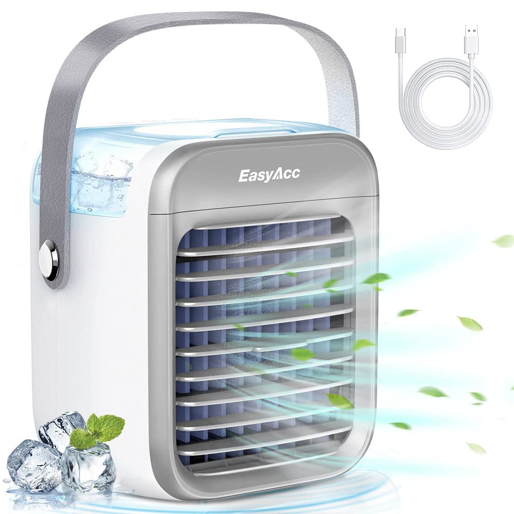 EasyAcc Portable Air Conditioner Fan and Humidifier with 7 Colors Light, 2600 Capacity Rechargeable Battery Operated Fan Personal Air Cooler 3 Speed for Small Room