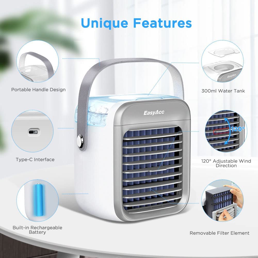 EasyAcc Portable Air Conditioner Fan and Humidifier with 7 Colors Light, 2600 Capacity Rechargeable Battery Operated Fan Personal Air Cooler 3 Speed for Small Room