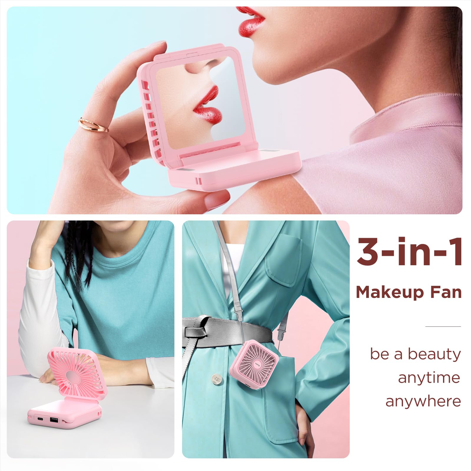 EasyAcc Rechargeable Portable Hands Free Fan, Mini Makeup Fan