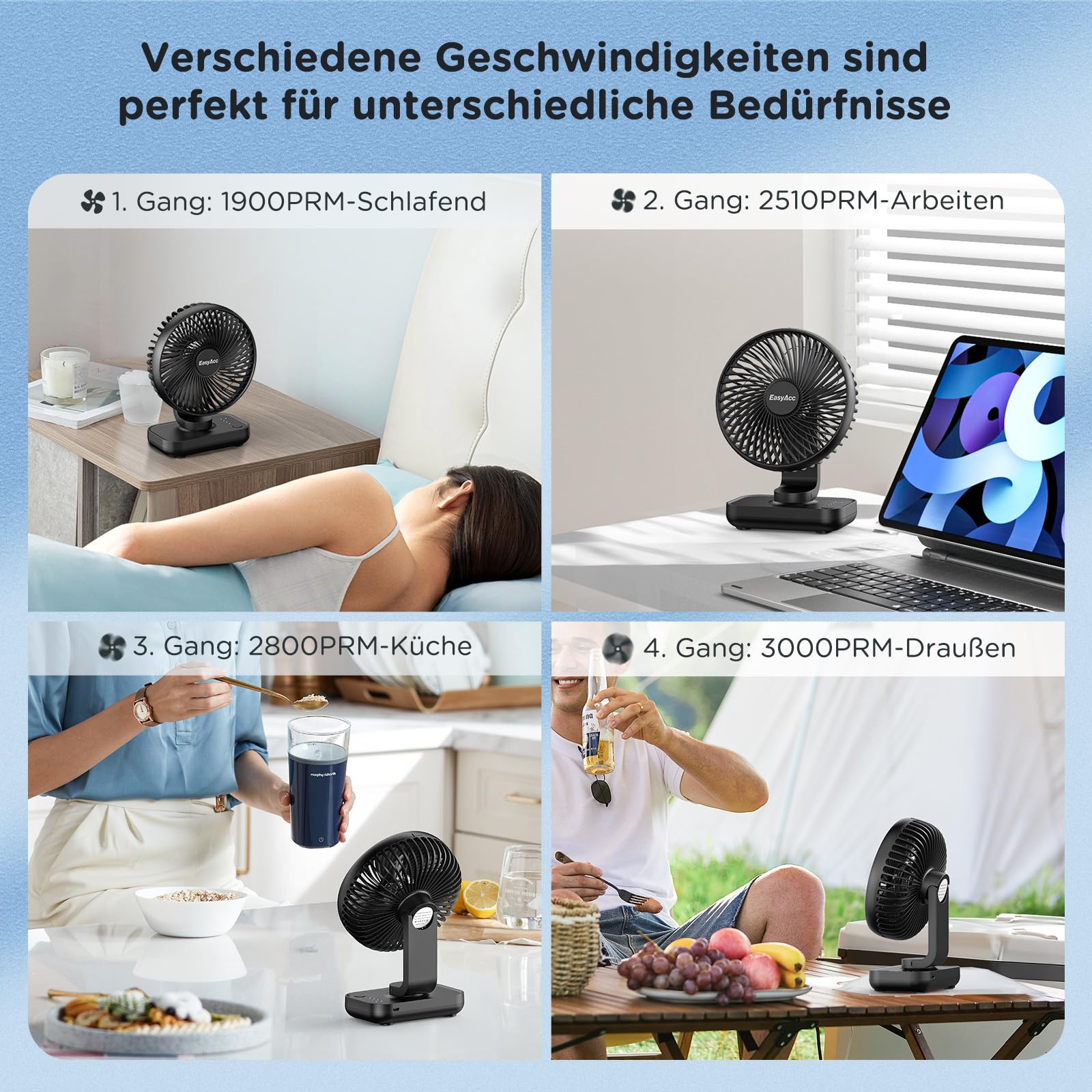 EasyAcc Akku-Ventilator, wiederaufladbarer USB-Tischventilator