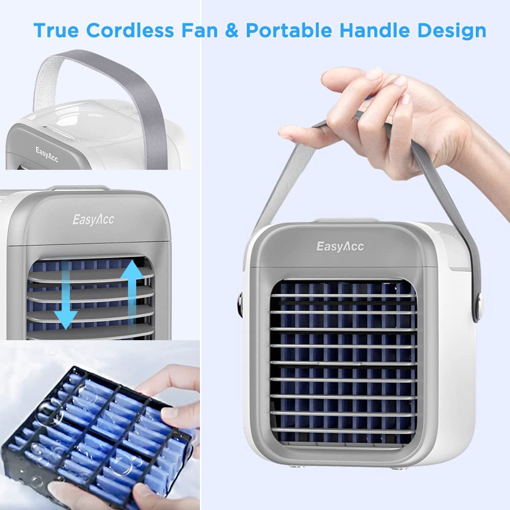 EasyAcc Portable Air Conditioner Fan and Humidifier with 7 Colors Light, 2600 Capacity Rechargeable Battery Operated Fan Personal Air Cooler 3 Speed for Small Room