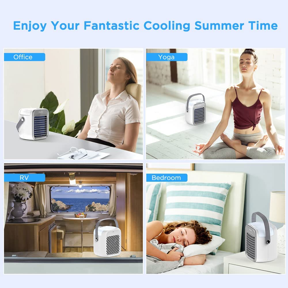 EasyAcc Portable Air Conditioner Fan and Humidifier with 7 Colors Light, 2600 Capacity Rechargeable Battery Operated Fan Personal Air Cooler 3 Speed for Small Room