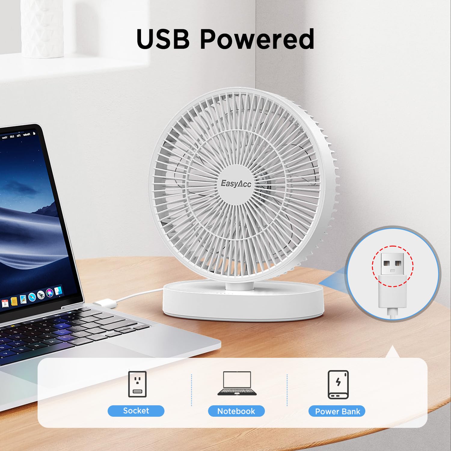 EasyAcc 11 Inch Desk Fan, USB Fan Air Circulator Fan Ultra Quiet 24 dB, IP67 waterproof, 5 Speeds, Timer, Energy Saving Table Fan, Adjustable Angle for Home, Office, Bedroom and Outdoor（USB - Powered）