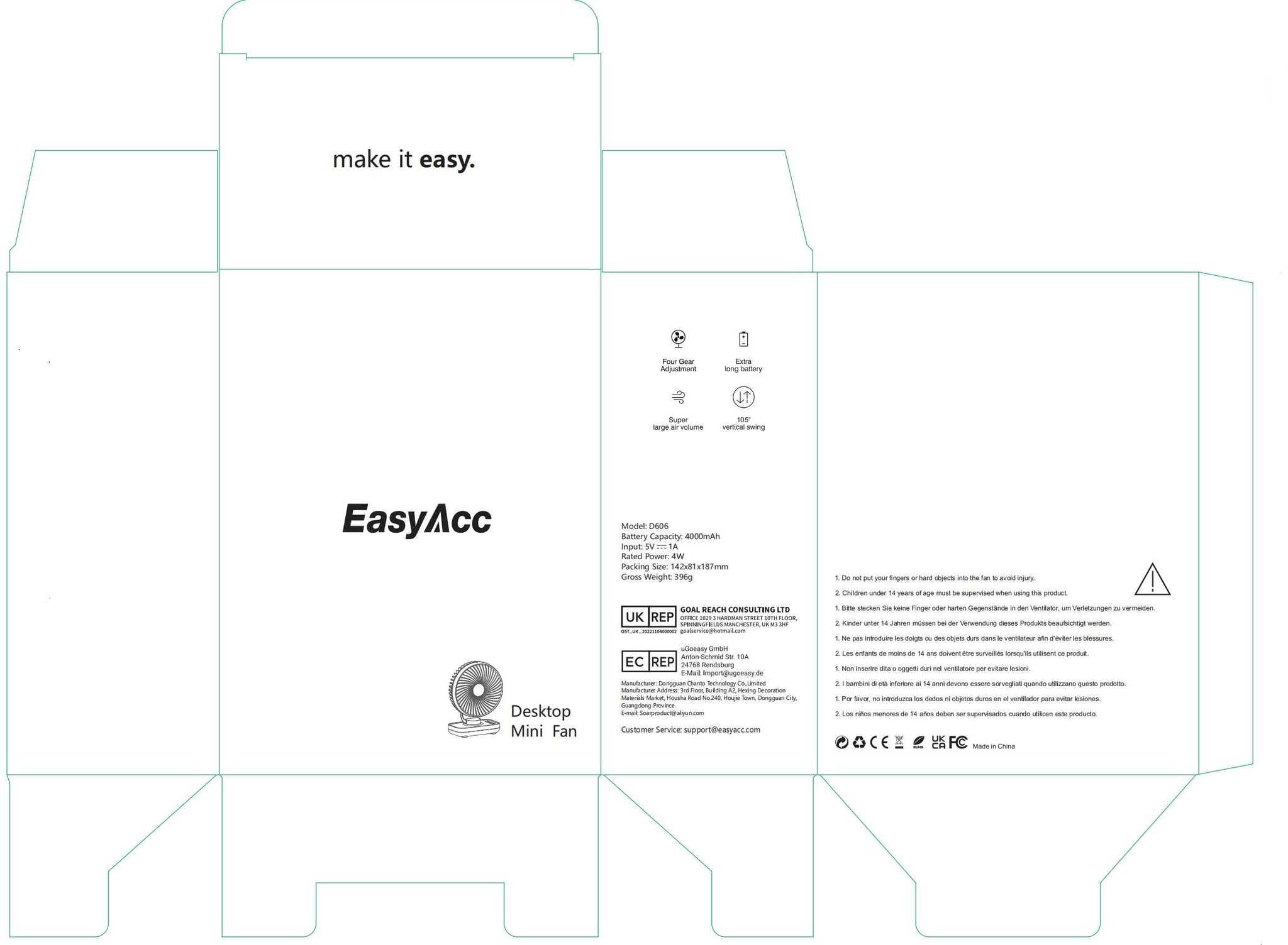 EasyAcc Akku-Ventilator, wiederaufladbarer USB-Tischventilator